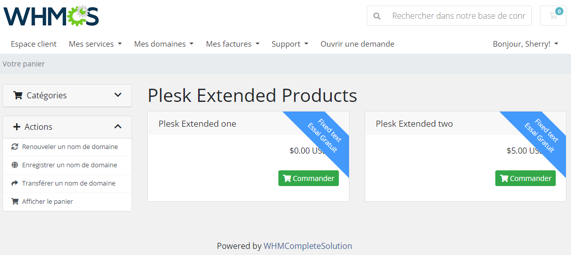 Product Free Trial Manager For WHMCS: WHMCS client area in French with the Essai Gratuit label on product tiles