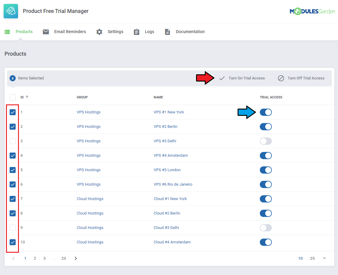 Product Free Trial Manager For WHMCS: Products tab with selected items and Turn On and Turn Off Trial Access buttons