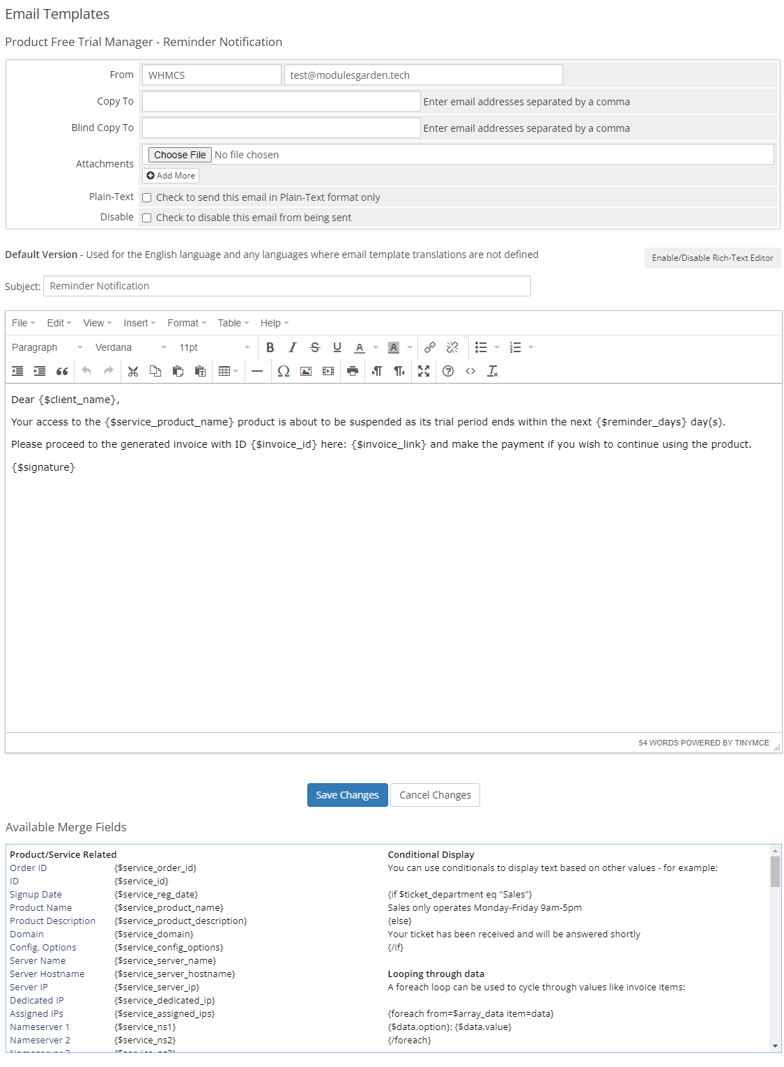 Product Free Trial Manager For WHMCS: WHMCS email template editor for the reminder with available merge fields