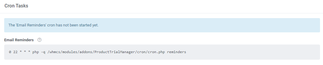 Product Free Trial Manager For WHMCS: Settings tab, Cron Tasks section with the email reminders cron command