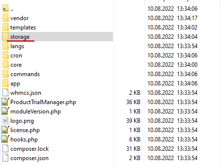 Product Free Trial Manager For WHMCS: module folder in a file manager with the storage folder highlighted