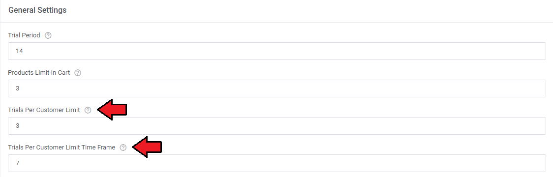 Product Free Trial Manager For WHMCS: General Settings with arrows on Trials Per Customer Limit and Time Frame fields