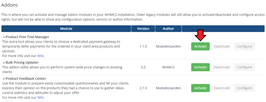 Product Free Trial Manager For WHMCS: WHMCS Addon Modules list with the Activate button next to the addon