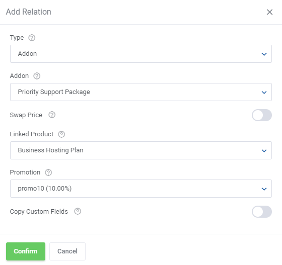 Product Linker For WHMCS: Add Relation form for an addon with Swap Price, Linked Product and Promotion fields