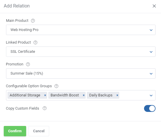 Product Linker For WHMCS: Add Relation form with Main Product, Linked Product, Promotion and option groups