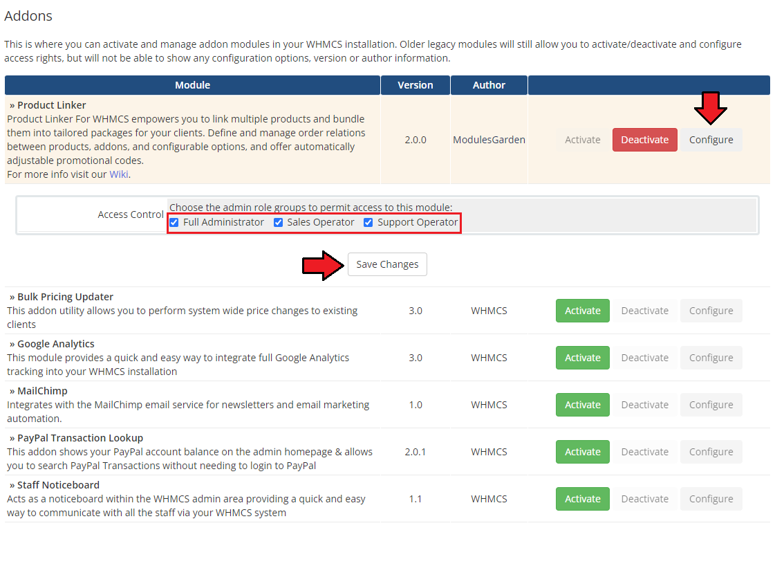 Product Linker For WHMCS: module activation with Configure, Access Control admin role groups and the Save Changes button