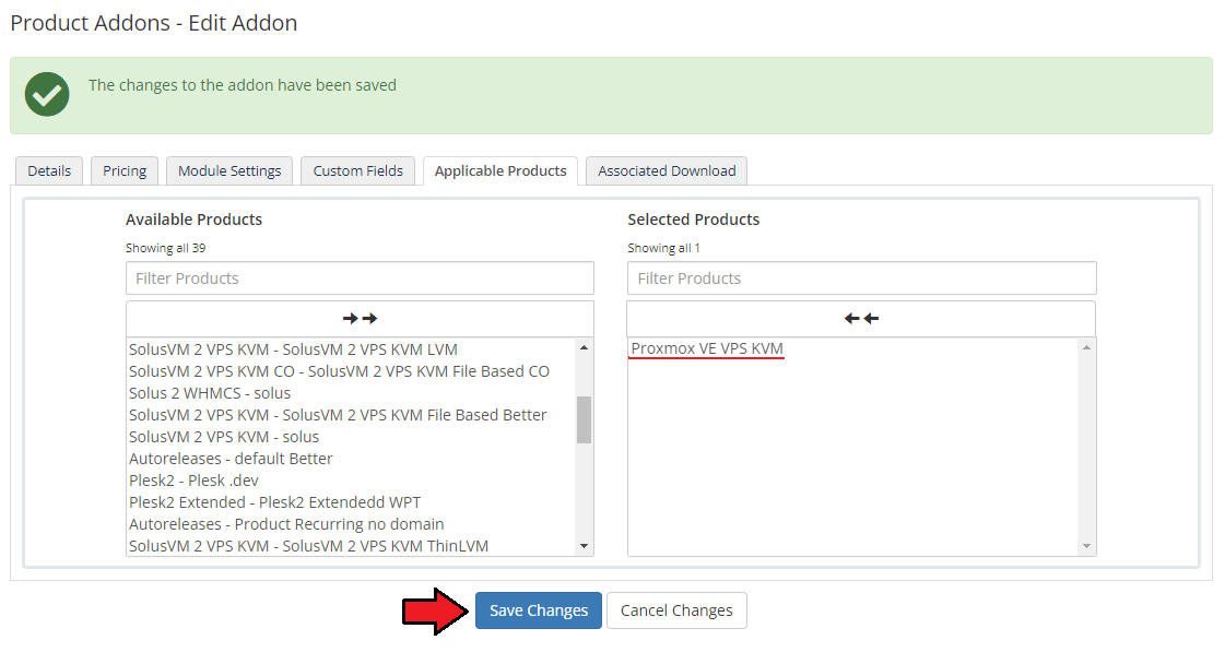 Product Linker For WHMCS: the WHMCS Edit Addon Applicable Products tab with Proxmox VE VPS KVM selected and Save Changes