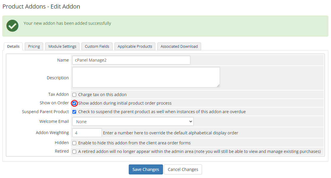 Product Linker For WHMCS: the WHMCS Edit Addon Details tab with the Show on Order checkbox enabled