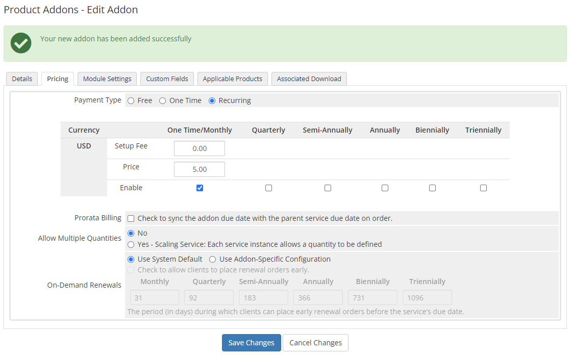 Product Linker For WHMCS: the WHMCS Edit Addon Pricing tab with the Recurring payment type and monthly price