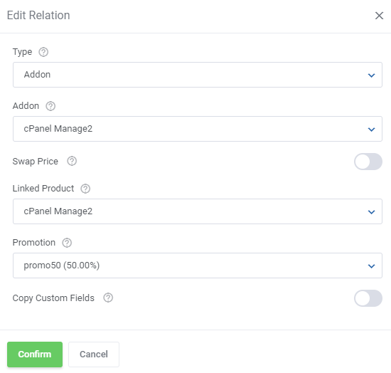 Product Linker For WHMCS: the Edit Relation form for the cPanel Manage2 addon with linked product and promo50 promotion