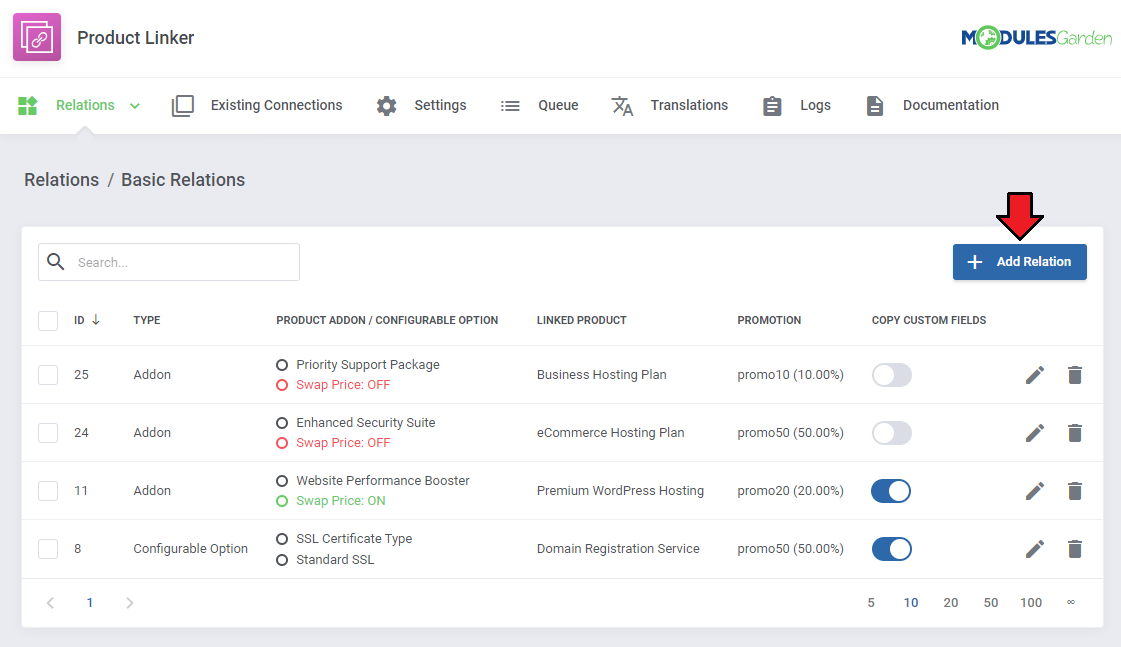 Product Linker For WHMCS: the Basic Relations list in the module with the Add Relation button