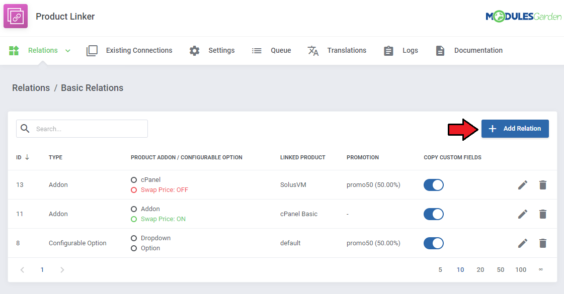 Product Linker For WHMCS: the Basic Relations list with existing relations and the Add Relation button marked