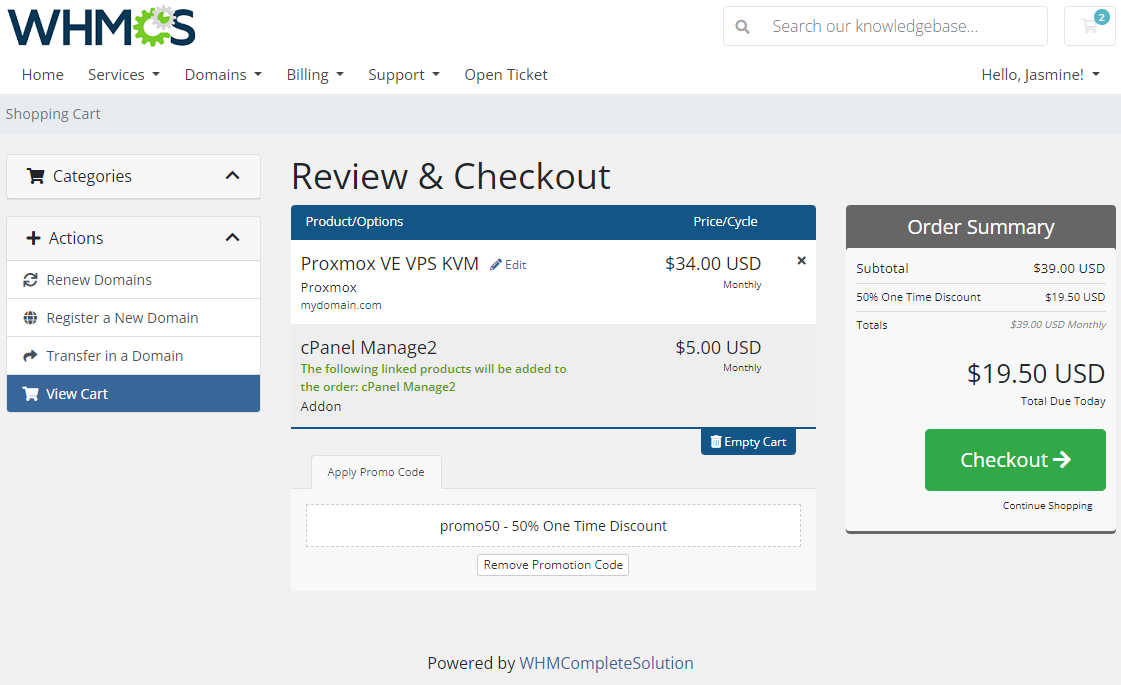 Product Linker For WHMCS: client area Review & Checkout with Proxmox VE VPS KVM and the linked cPanel Manage2 addon