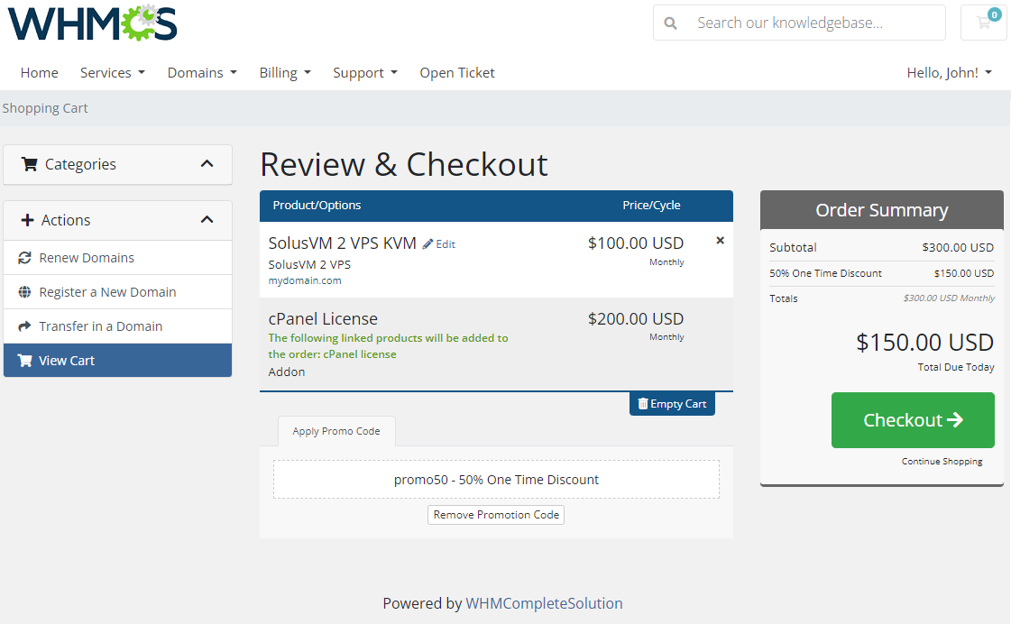 Product Linker For WHMCS: client area Review & Checkout page with a linked cPanel License product and promo code
