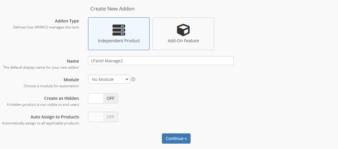 Product Linker For WHMCS: the Create New Addon form in WHMCS with the name cPanel Manage2 and No Module selected