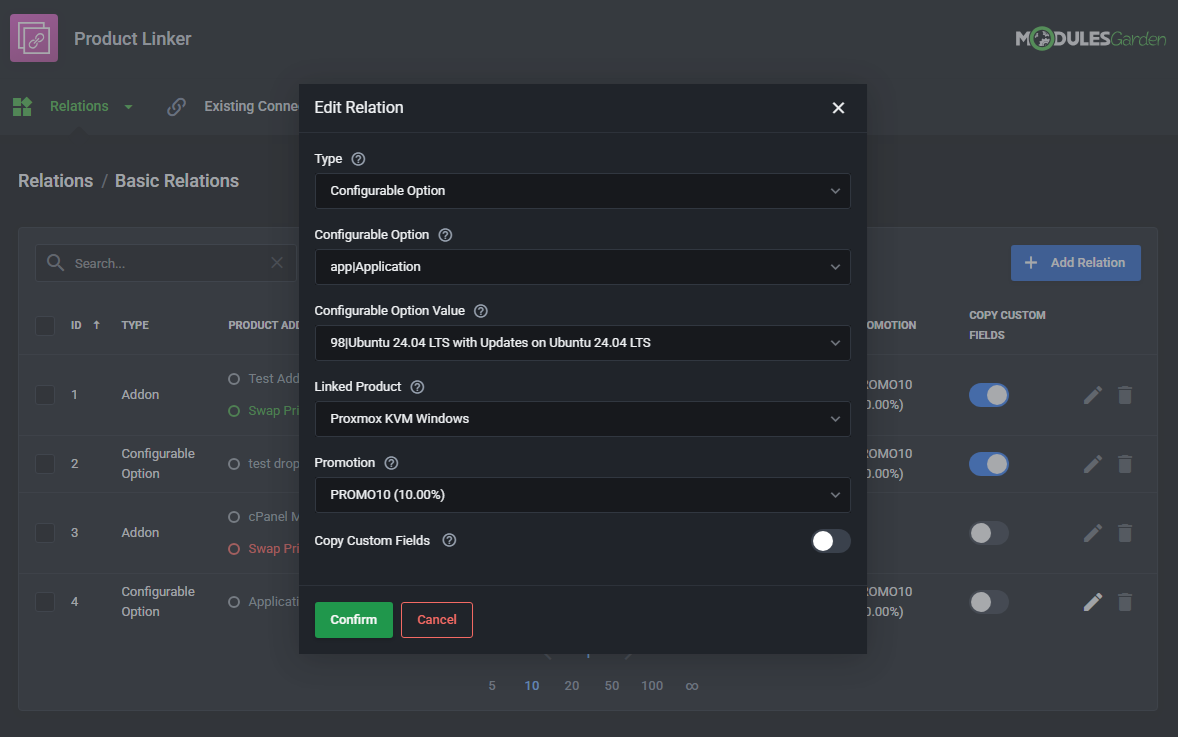 Product Linker For WHMCS: a dark themed Edit Relation dialog for a configurable option relation on the Basic Relations