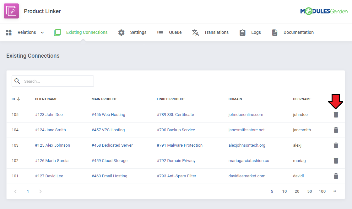 Product Linker For WHMCS: the Existing Connections tab listing main and linked products with the delete button marked