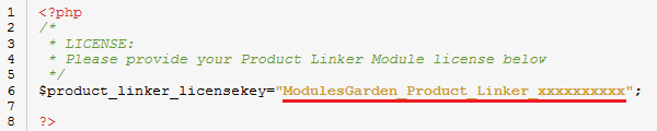 Product Linker For WHMCS: the license.php file with the license key entered between quotation marks