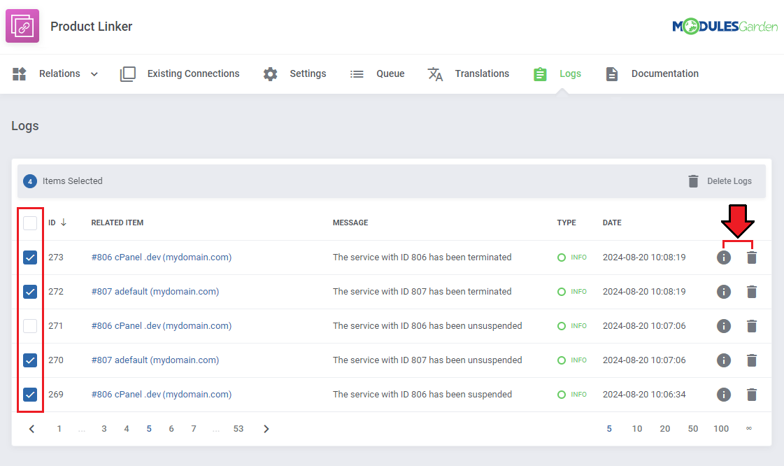 Product Linker For WHMCS: the Logs tab with several log entries selected and the info and delete action buttons marked