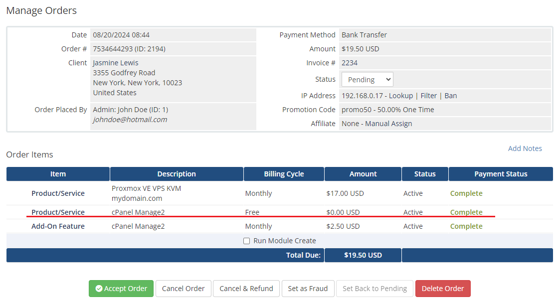 Product Linker For WHMCS: the WHMCS Manage Orders page with the cPanel Manage2 product and the add-on listed as order