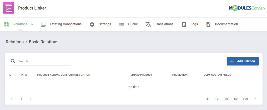 Product Linker For WHMCS: module main page with the Relations menu and an empty Basic Relations table