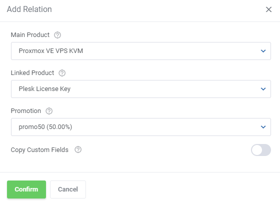 Product Linker For WHMCS: the Add Relation form linking Proxmox VE VPS KVM as main product with Plesk License Key as