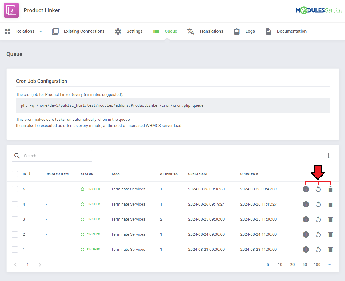 Product Linker For WHMCS: the Queue tab with the cron job command and a task table with details, run and delete buttons