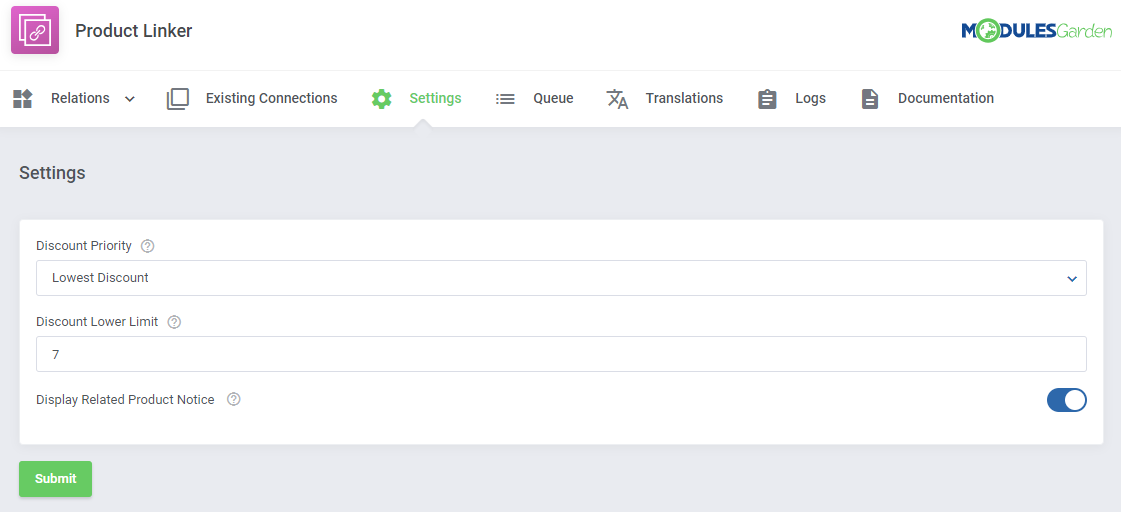 Product Linker For WHMCS: the Settings tab with Discount Priority, Discount Lower Limit and Display Related Product