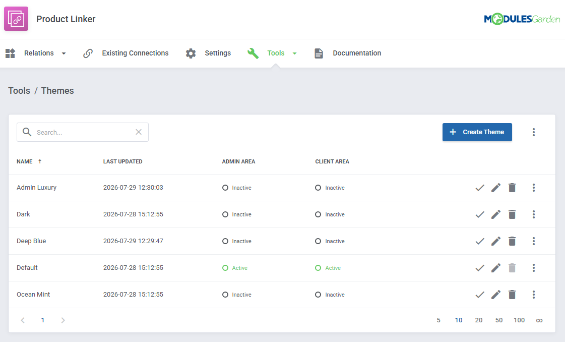 Product Linker For WHMCS: the Tools Themes page with the list of themes and their active status for admin and client