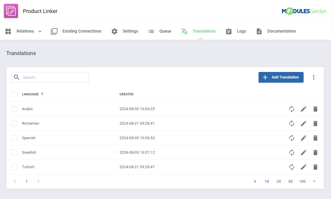Product Linker For WHMCS: the Translations tab with a list of languages and the Add Translation button