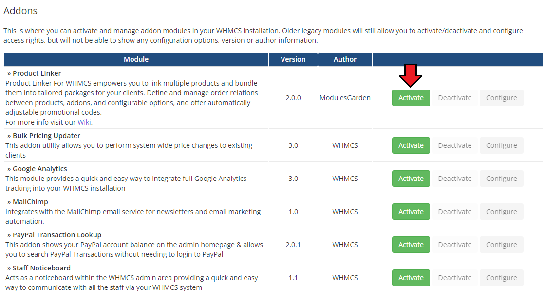 Product Linker For WHMCS: the WHMCS Addon Modules list with the Activate button next to Product Linker