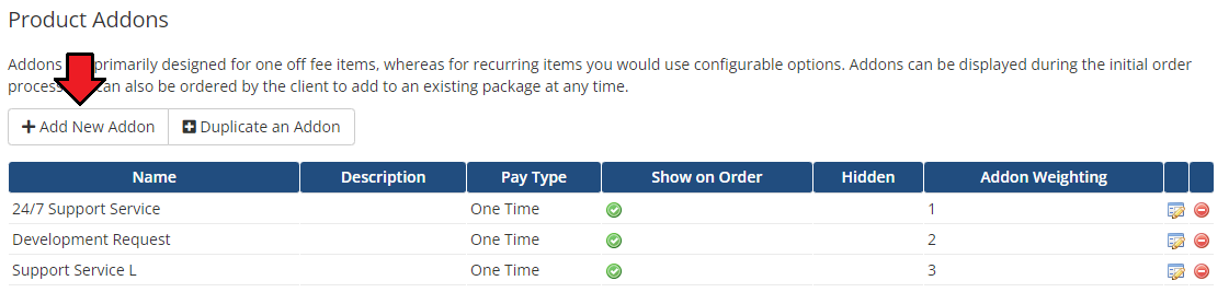 Product Linker For WHMCS: the WHMCS Product Addons page in the admin area with the Add New Addon button