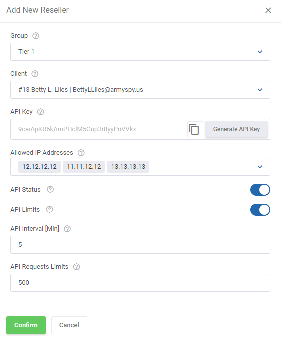 Products Reseller For WHMCS: Add New Reseller form with group, client, API key, allowed IPs, API status and limits