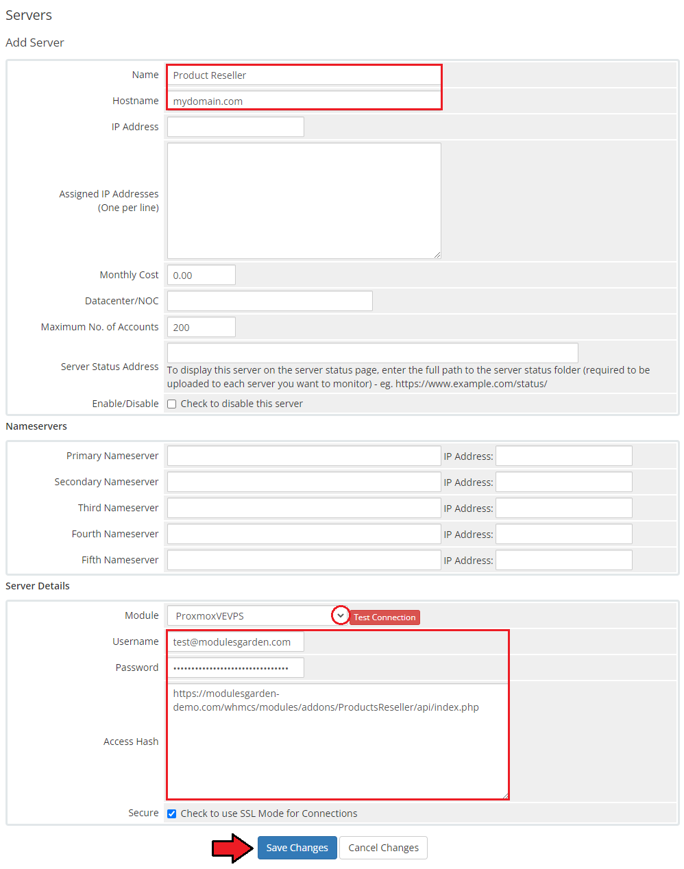 Products Reseller For WHMCS: WHMCS Add Server form with name, hostname, module, username, password and access hash