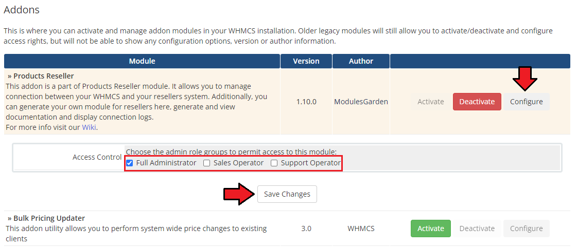 Products Reseller For WHMCS: the module Configure panel with Full Administrator access ticked and the Save Changes