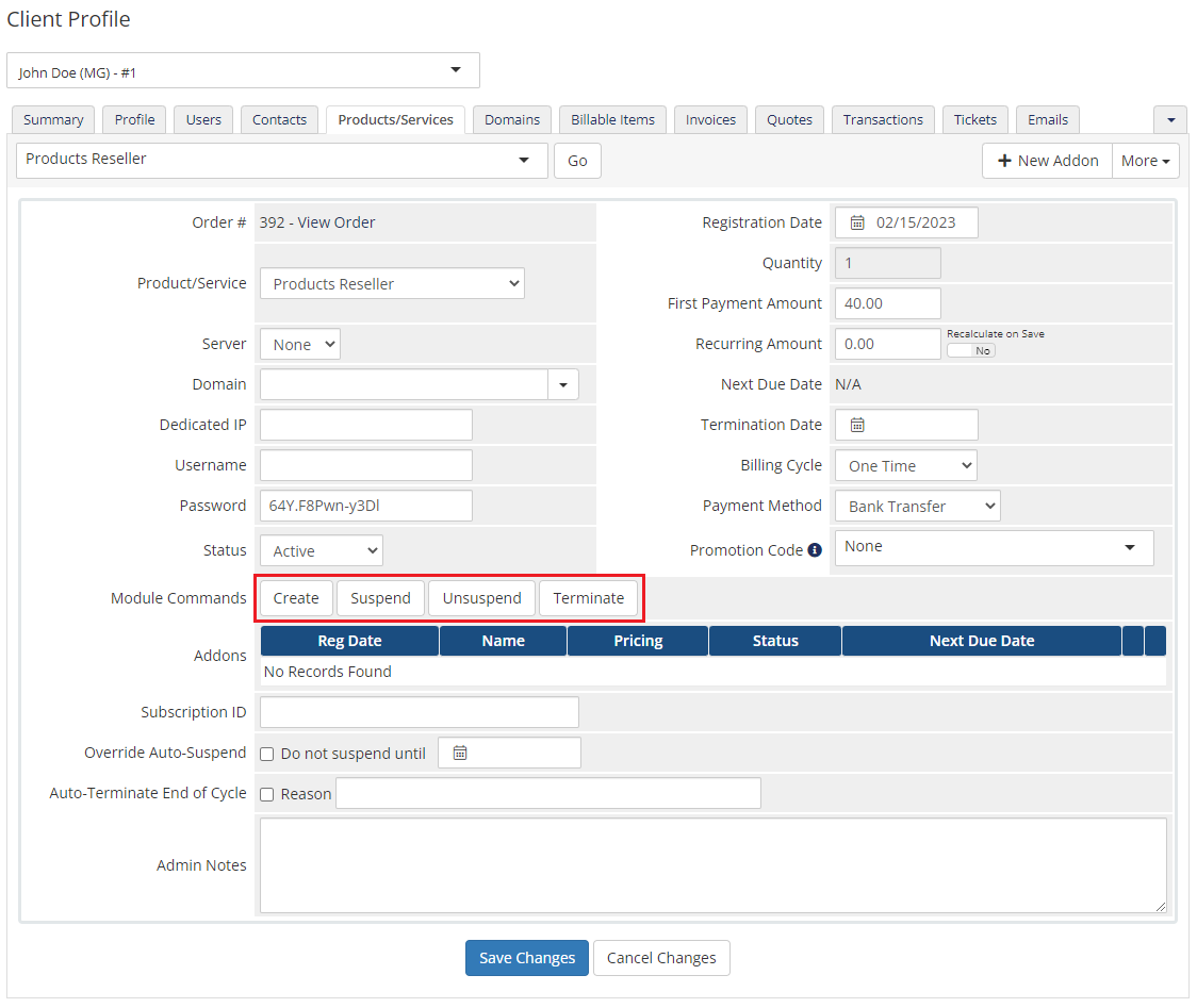Products Reseller For WHMCS: WHMCS admin client Products/Services page with Create, Suspend, Unsuspend, Terminate
