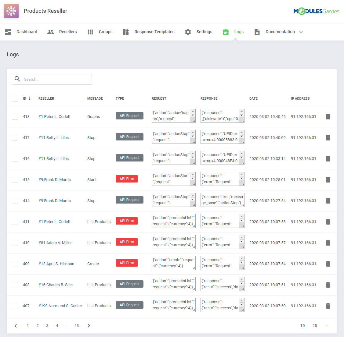 Products Reseller For WHMCS: admin Logs page listing API requests and errors with reseller, request and response columns