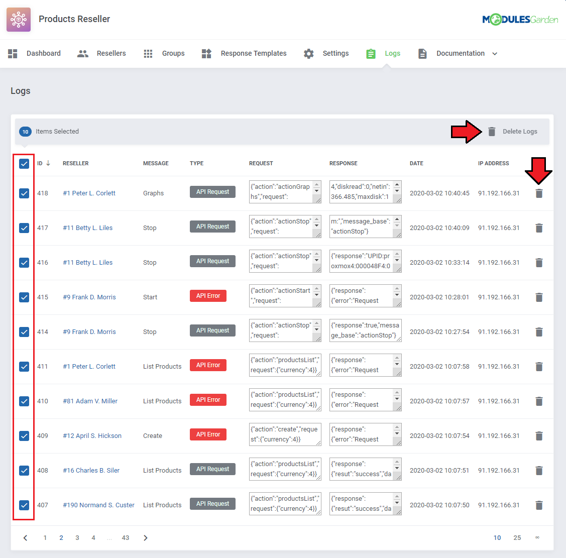 Products Reseller For WHMCS: admin Logs page with all rows selected, the Delete Logs mass action and single row bin