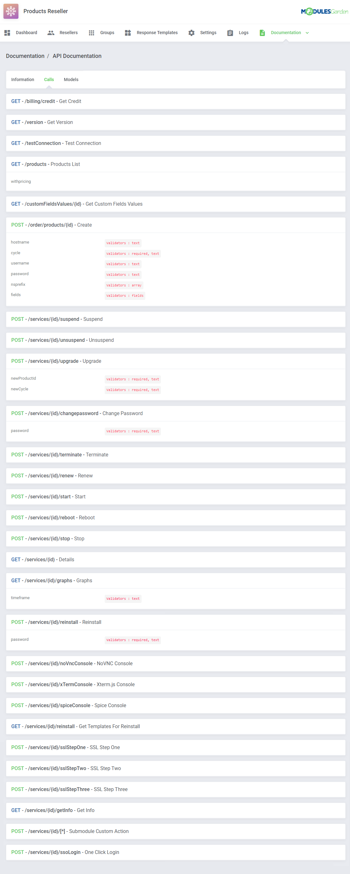 Products Reseller For WHMCS: admin API Documentation, Calls tab listing GET and POST endpoints such as Get Credit and