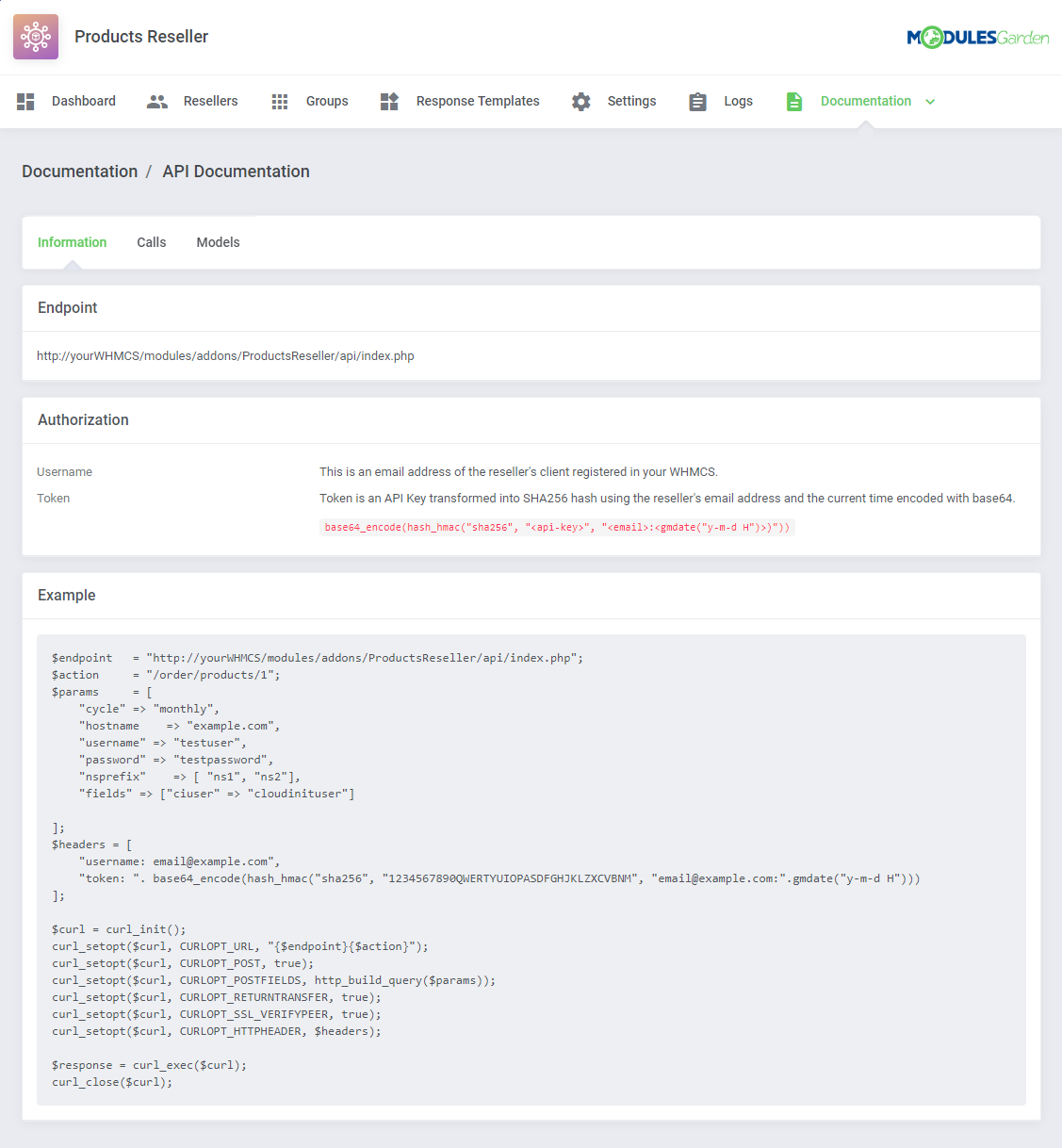 Products Reseller For WHMCS: admin API Documentation, Information tab with the endpoint, authorization and a PHP example