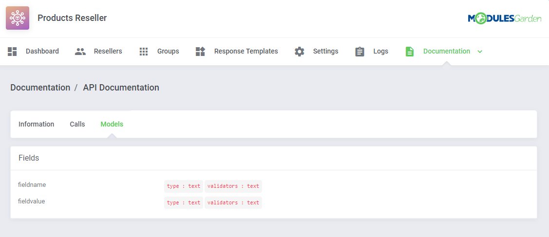 Products Reseller For WHMCS: admin API Documentation, Models tab with the fieldname and fieldvalue fields