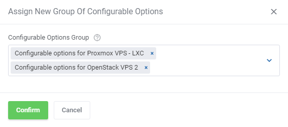 Products Reseller For WHMCS: the Assign New Group Of Configurable Options dialog with the Configurable Options Group