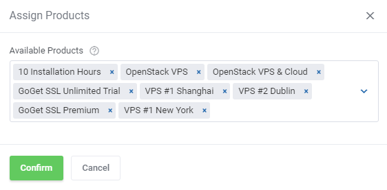Products Reseller For WHMCS: the Assign Products dialog with the Available Products field and the Confirm button
