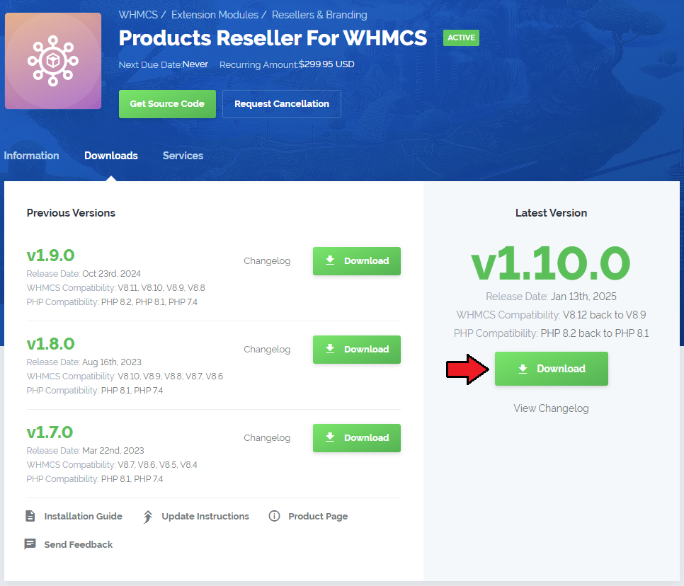 Products Reseller For WHMCS: the client area product page with the Download button for the latest version