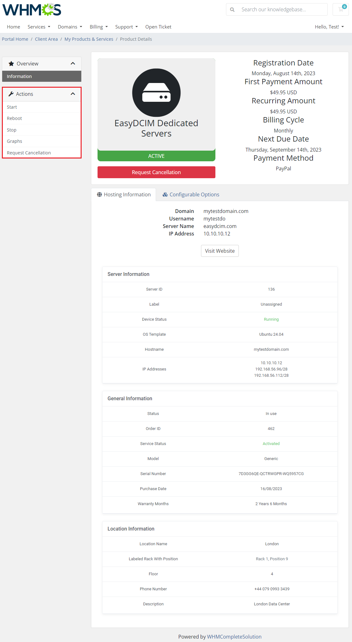Products Reseller For WHMCS: WHMCS client area page of a resold EasyDCIM dedicated server with the Actions menu