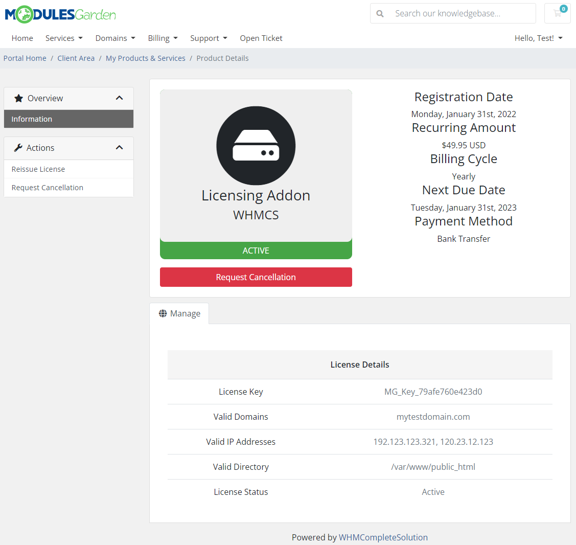 Products Reseller For WHMCS: WHMCS client area page of a resold WHMCS Licensing Addon with license key and valid domains
