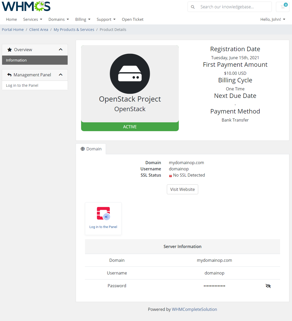 Products Reseller For WHMCS: WHMCS client area page of a resold OpenStack project with the Log in to the Panel button