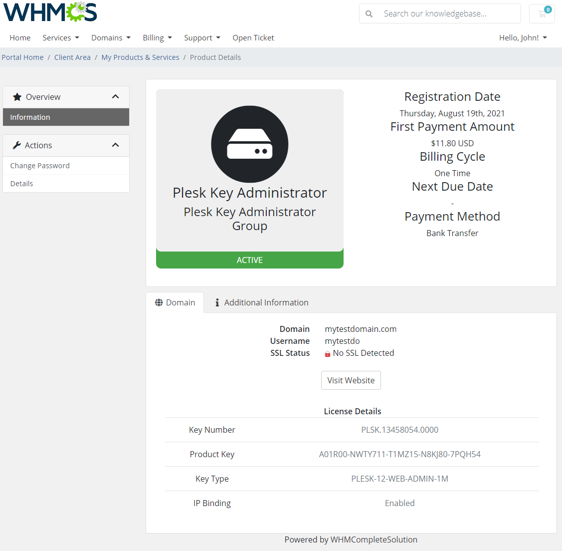 Products Reseller For WHMCS: WHMCS client area page of a resold Plesk Key Administrator license with key details
