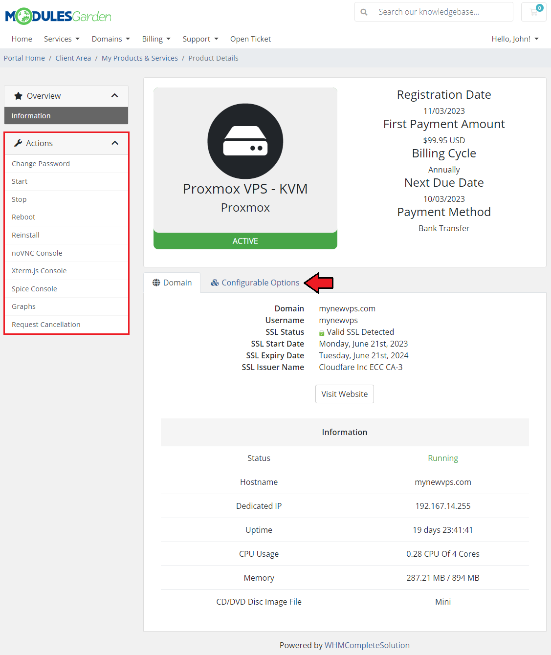 Products Reseller For WHMCS: WHMCS client area product details for a Proxmox VPS with the Actions side menu highlighted