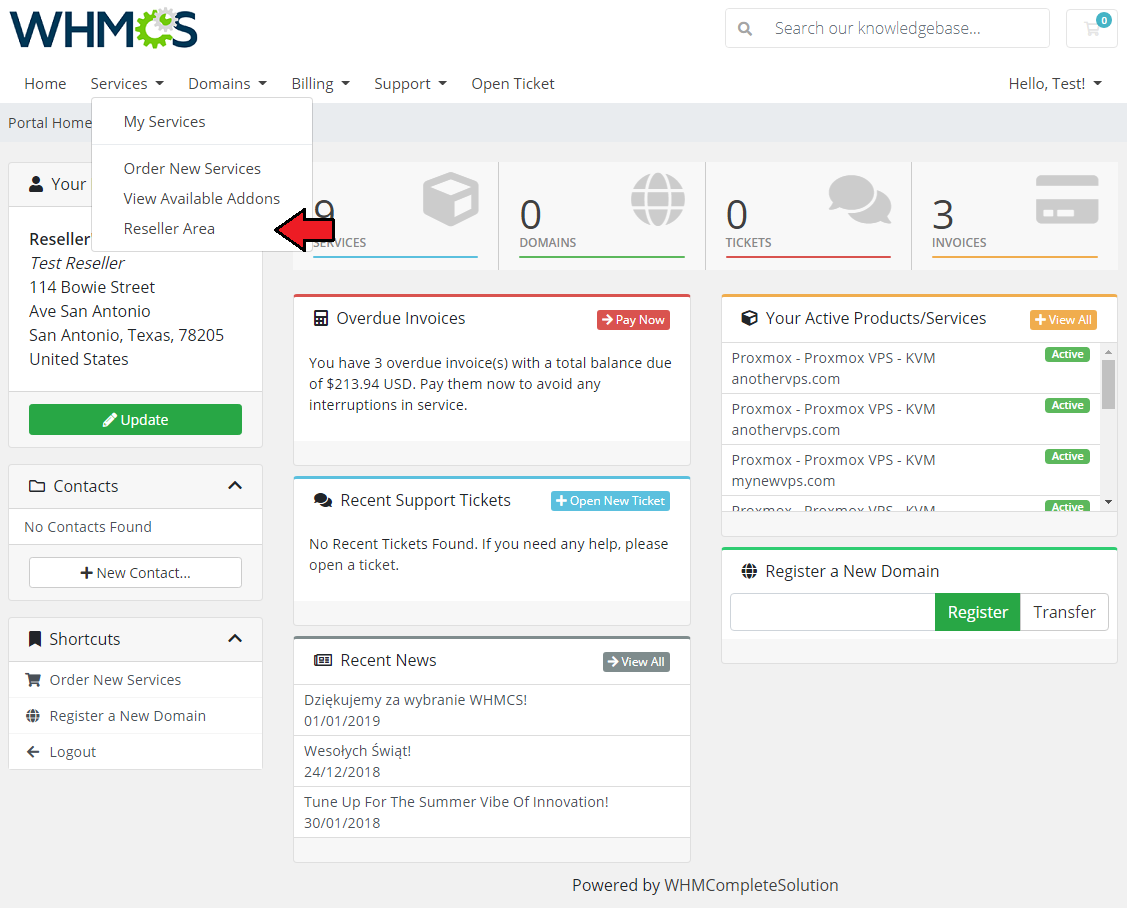 Products Reseller For WHMCS: WHMCS client area Services menu with the Reseller Area item highlighted